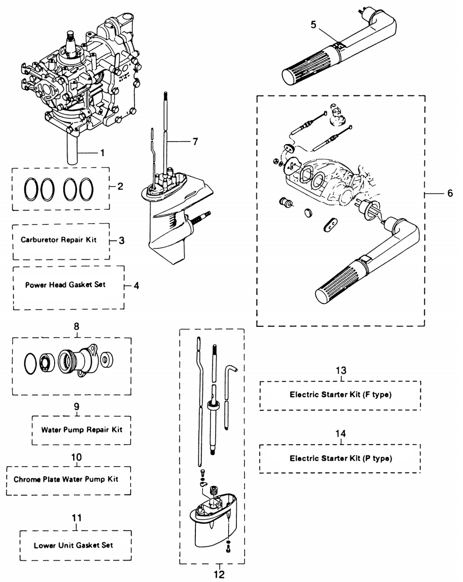 блоки в сборе и наборы запчастей tohatsu M9.8b (Assemblu, Kit)