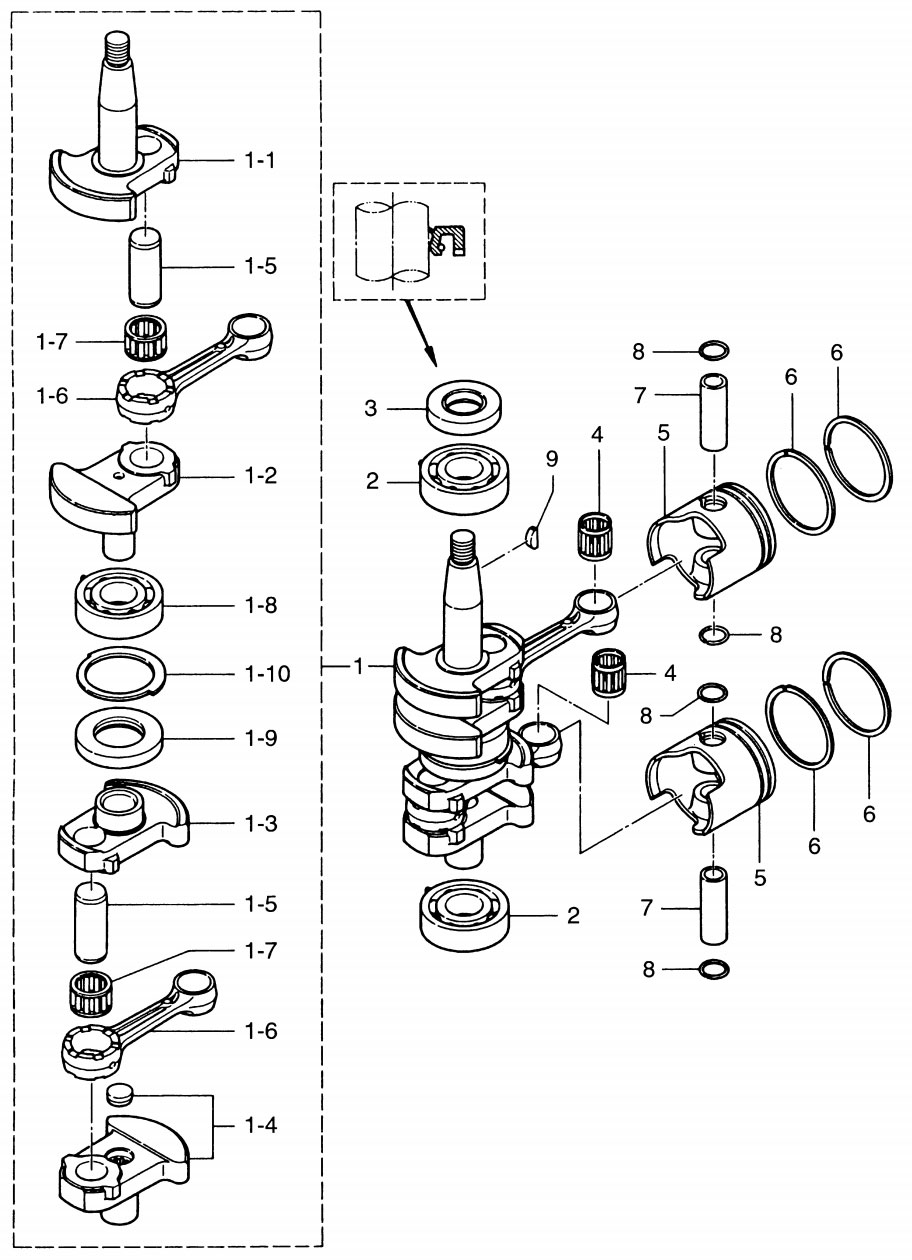 коленвал и поршень лодочного мотора tohatsu M9.8B (Piston and Crankshaft)