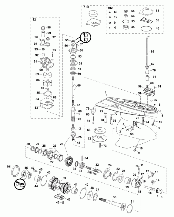 ��������� ����� Evinrude DE225CXABB  - gearcase, M2-type, Counter Rotation