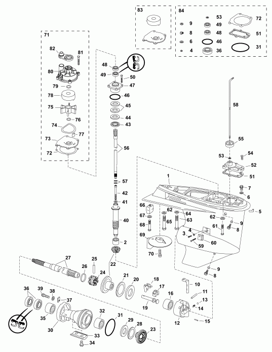  Evinrude E65SNLABB  - gearcase, (0.42 Ratio) S2-type - , (0.42 Ratio) S2-type