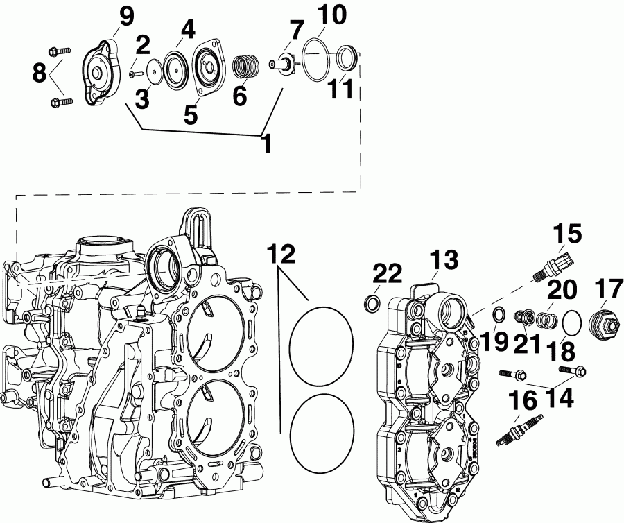  EVINRUDE E40DTLAFA  - cylinder Head & Thermostat - ������� ����� �������� & ���������