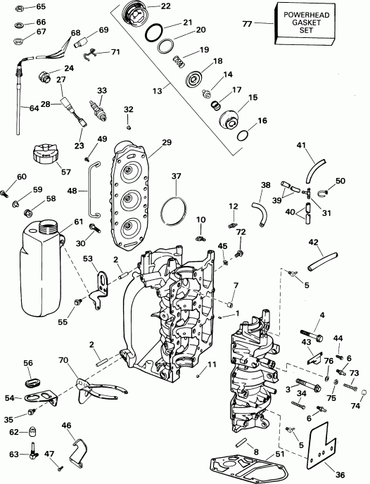 ��������� �������� ����� Evinrude BE35KSIE elec start, tiller, 15 in shaft  - linder & Crankcase - linder & ������ ���������