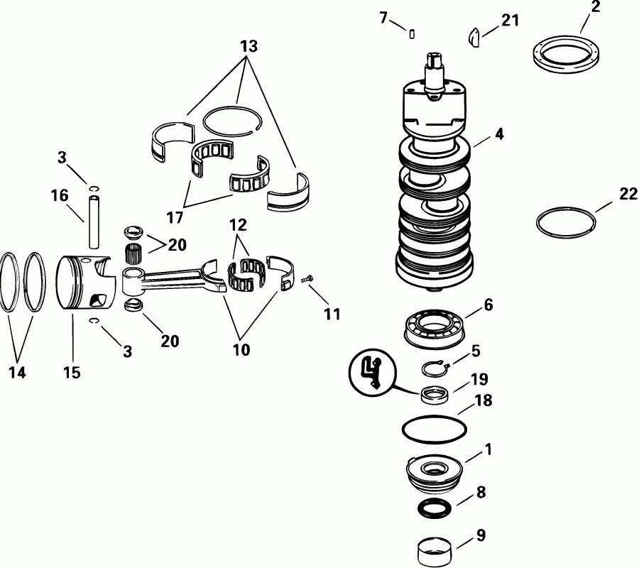 �������� ����� Evinrude E100WPLSIF commercial, elec start, 20 in  - ank��� & ������� / ankshaft & Piston
