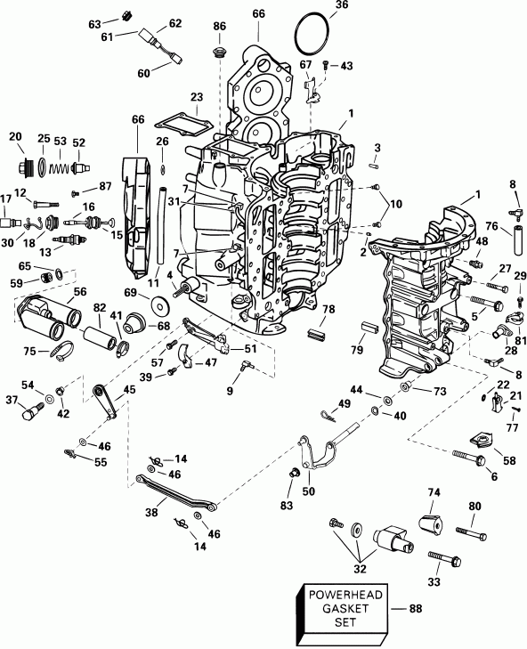 ��������� �������� ����� Evinrude E100WPXSIF commercial, elec start, 25 in  - linder & Crankcase - linder & ������ ���������