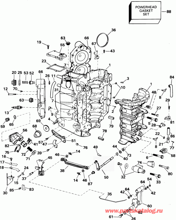 �������� ����� Evinrude E105WRYSIF commercial, rope start, 22.5   - linder & Crankcase / linder & ������ ���������