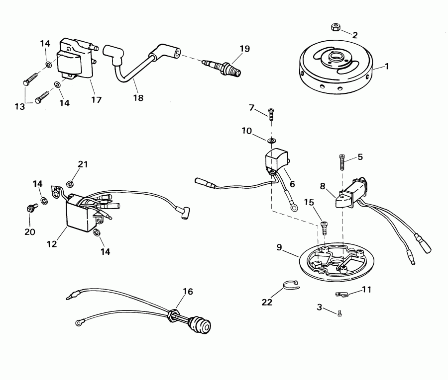 ����� EVINRUDE E2WRSIR Commercial, Rope Start, Tiller,   - mature �������� & Coil Assembly - mature Plate & Coil Assembly