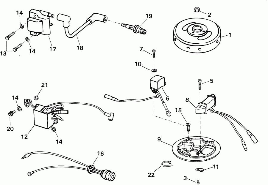 ��������� ����� EVINRUDE E3ROSIA Commercial, Rope Start, Tiller,   - mature �������� & Coil Assembly - mature Plate & Coil Assembly