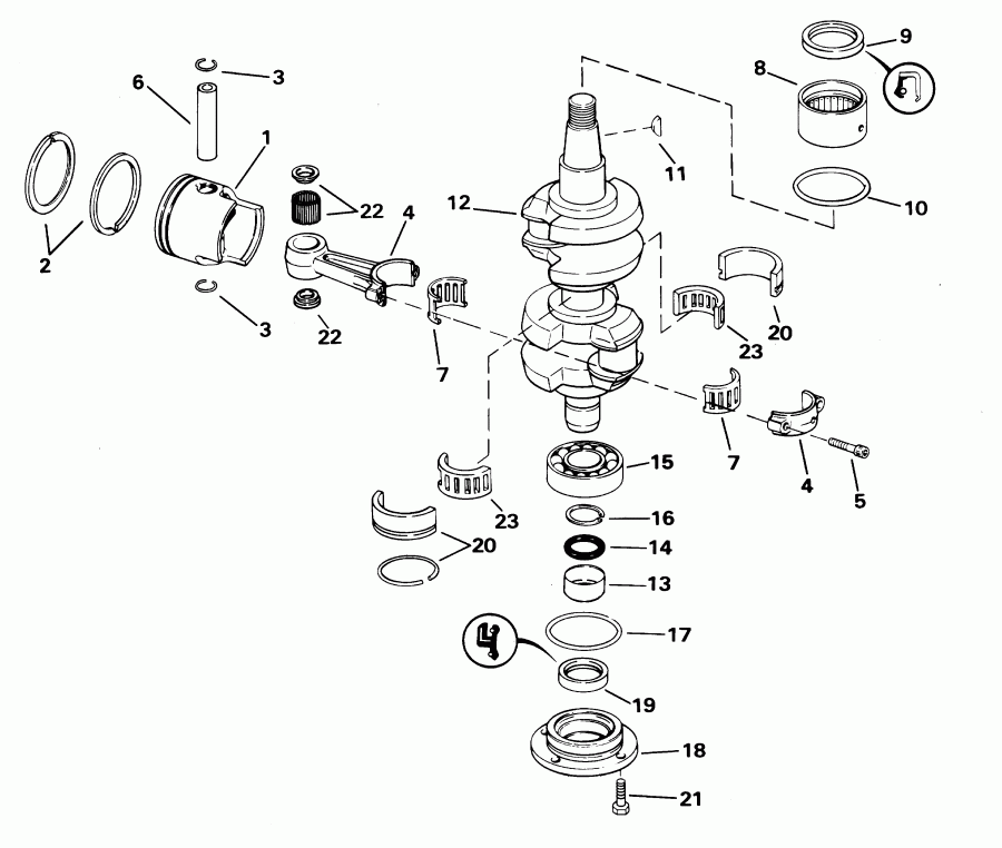 ��������� ����� EVINRUDE E55WRSIR commercial, rope start, 15 in s  - ankshaft & Piston - ank��� & �������