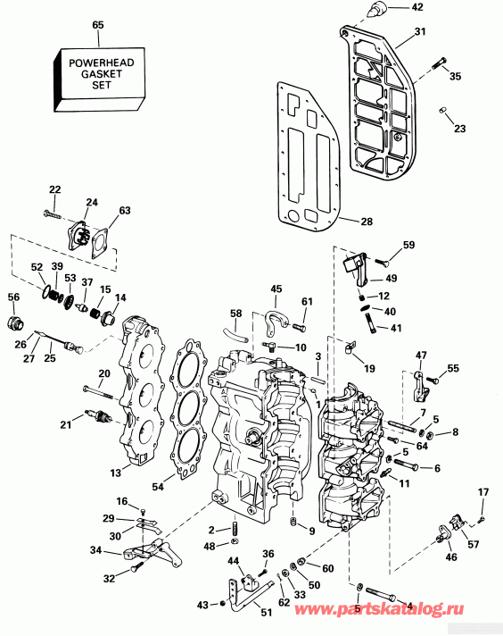 �������� ����� Evinrude E65WRLSIR commercial, rope start, 20 in   - linder & Crankcase