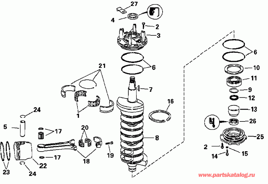 ��������� ��������� Evinrude E200FSLSTM  - ankshaft And Pistons / ank��� � ������
