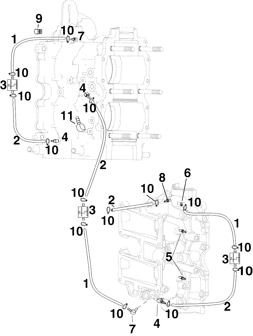  EVINRUDE E50DPLSRC  - linder / ������ ��������� Fittings & Oil Recirculation �����s / linder/crankcase Fittings & Oil Recirculation Hoses