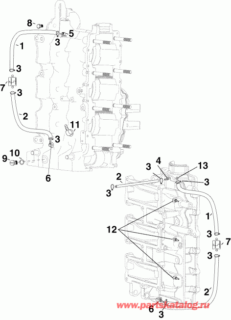 �������� ����� Evinrude E75DPLSRC  - linder/crankcase Fittings & Oil Recirculation Hoses - linder / ������ ��������� Fittings & Oil Recirculation �����s