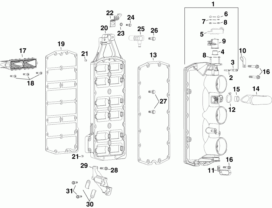 ��������� �������� ����� EVINRUDE E200DPXSOC  - rottle ������ & Reed �������� - rottle Body & Reed Plate