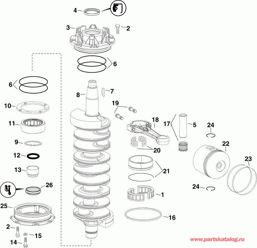 ��������� ��������� Evinrude E200DSLSOC  - ankshaft & Pistons / ank��� & ������