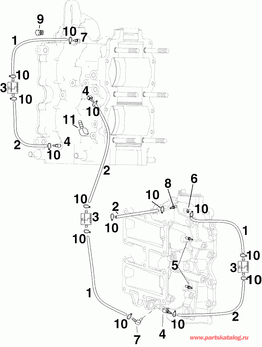 �������� ��������� ����� EVINRUDE E60WDRLSOS  - linder/crankcase Fittings & Oil Recirculation Hoses - linder / ������ ��������� Fittings & Oil Recirculation �����s