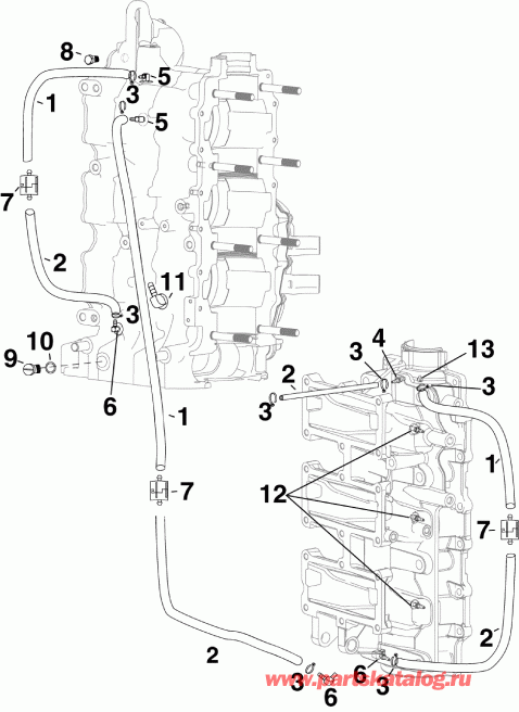   Evinrude E90DSLSDR  - linder/crankcase Fittings & Oil Recirculation Hoses / linder /   Fittings & Oil Recirculation s