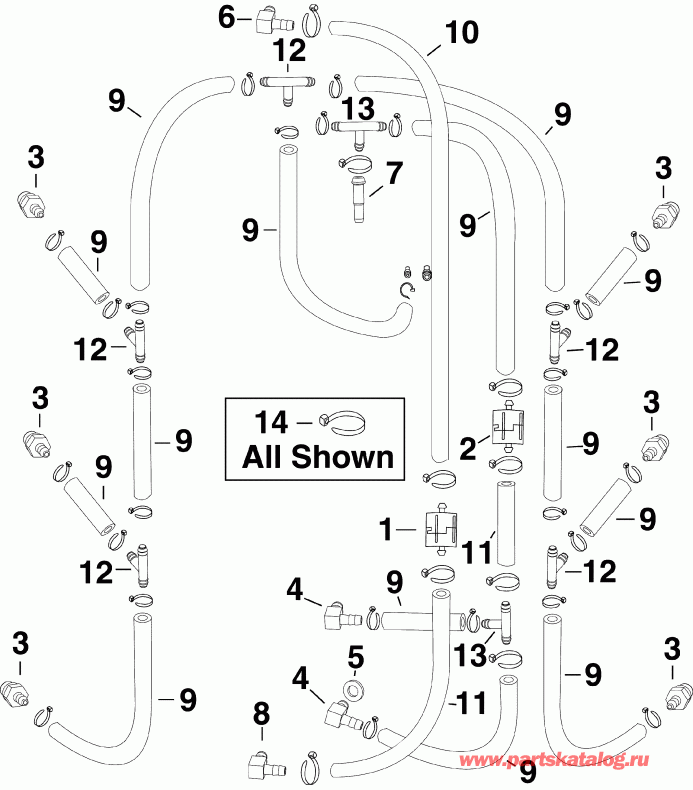 ��������� ��������� EVINRUDE E250DCZSUA  - l Recirculation Hoses - l Recirculation �����s