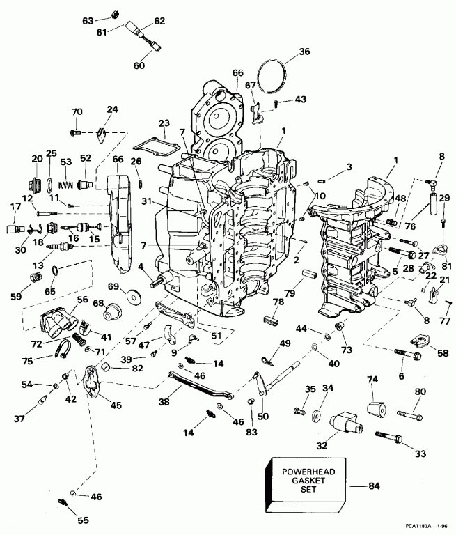  Evinrude BE90SLEDR 1996  - linder & Crankcase - linder & ������ ���������