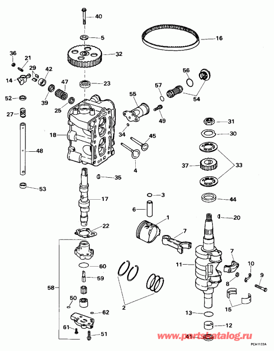 ��������� ��������� Evinrude HE8FREDC 1996  - linder Head & �������� - linder Head & Crankshaft
