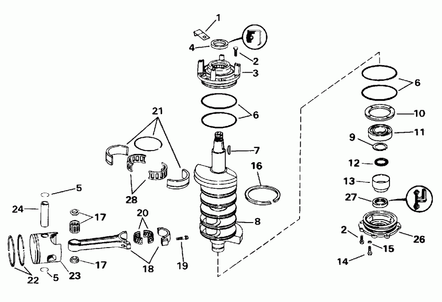 ����� Evinrude SE125RWYV 1996  - ankshaft & Piston / ank��� & �������