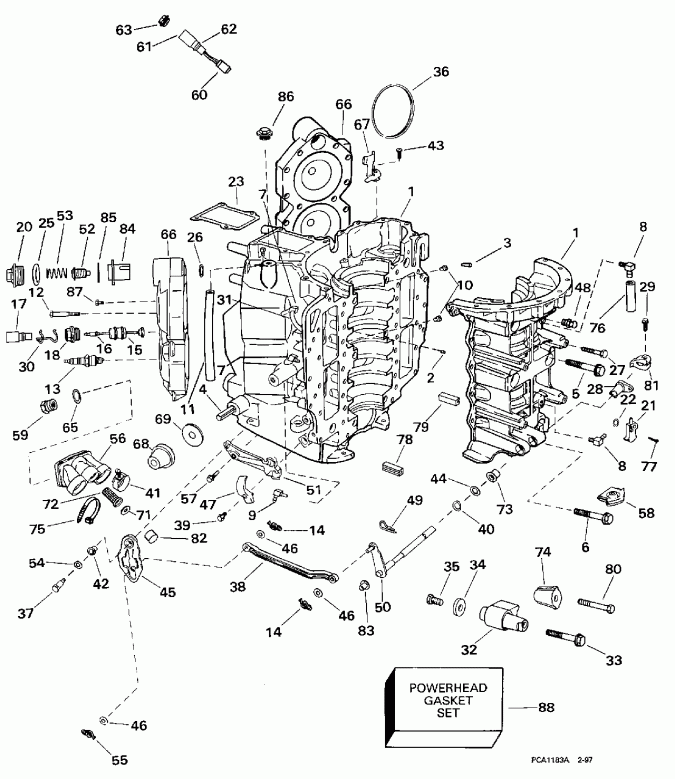  Evinrude BE115SXEUA 1997  - linder & Crankcase - linder & ������ ���������