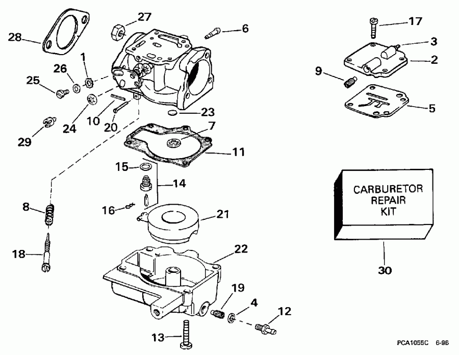 ��������� ��������� EVINRUDE E20CRLEUM 1997  - rburetor 25ba, 25ra, 25rd, 30ba, 30r, 25jr