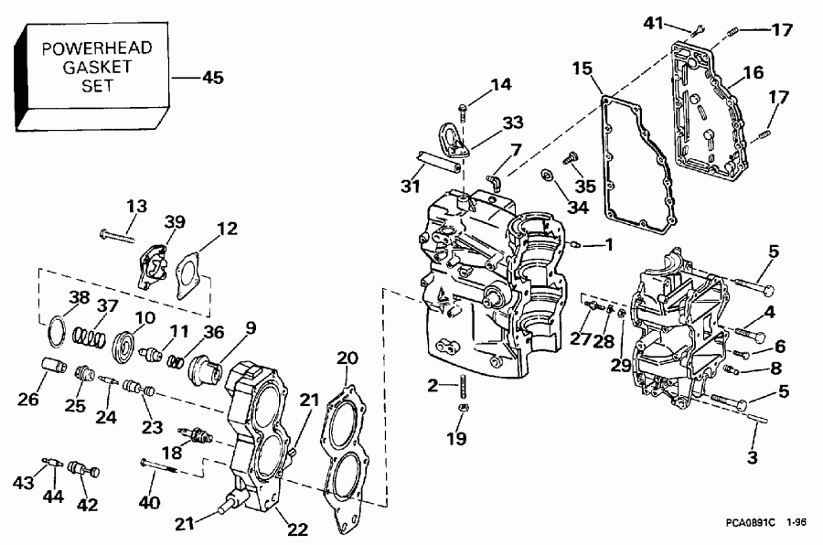 EVINRUDE E50TSLEUS 1997  - linder & Crankcase / linder & ������ ���������