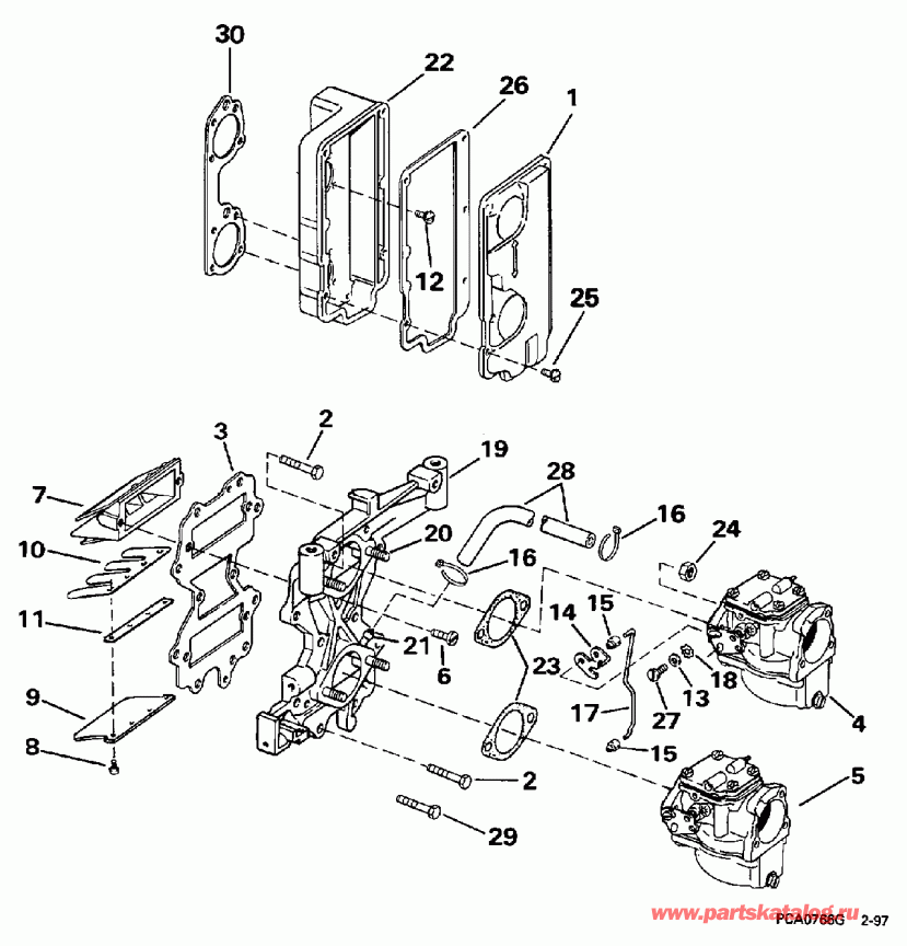 ��������� ����� EVINRUDE E55RSLC 1997  - take ��������� & Air ��������� - take Manifold & Air Silencer