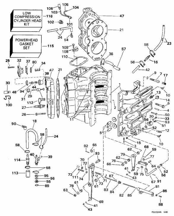 �������� ����� EVINRUDE HE130TXAUM 1997  - linder & Crankcase / linder & ������ ���������
