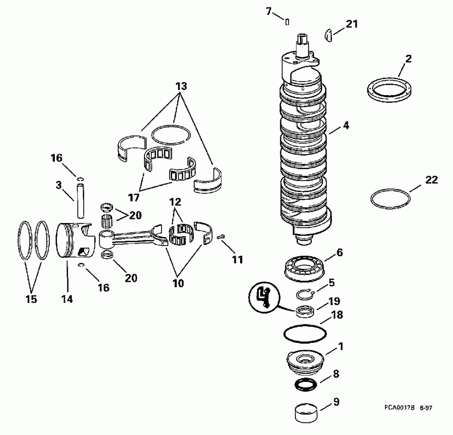 ��������� �������� ����� EVINRUDE BE150GLECD 1998  - ank��� & ������ / ankshaft & Pistons