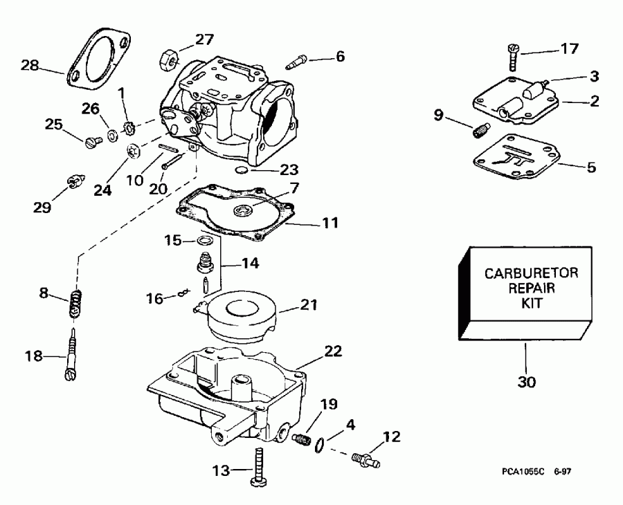  Evinrude BE20SRECB 1998  - rburetor 25ba, 25rd, 30ba, 25jr
