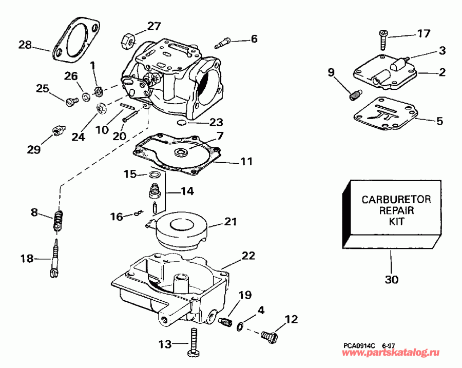 ��������� �������� ����� EVINRUDE BE30ELECS 1998  - rburetor 30e, 30el / rburetor 30e, 30el