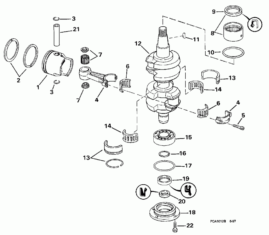 ��������� ��������� Evinrude E50TSLECC 1998  - ank��� & ������� - ankshaft & Piston