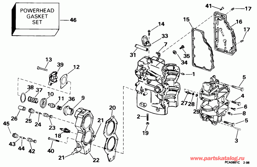  Evinrude E50TSLECC 1998  - linder & Crankcase / linder & ������ ���������