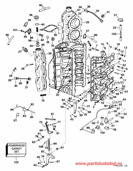 ��������� ��������� EVINRUDE E200FPXEES 1999  - linder & Crankcase - linder & ������ ���������