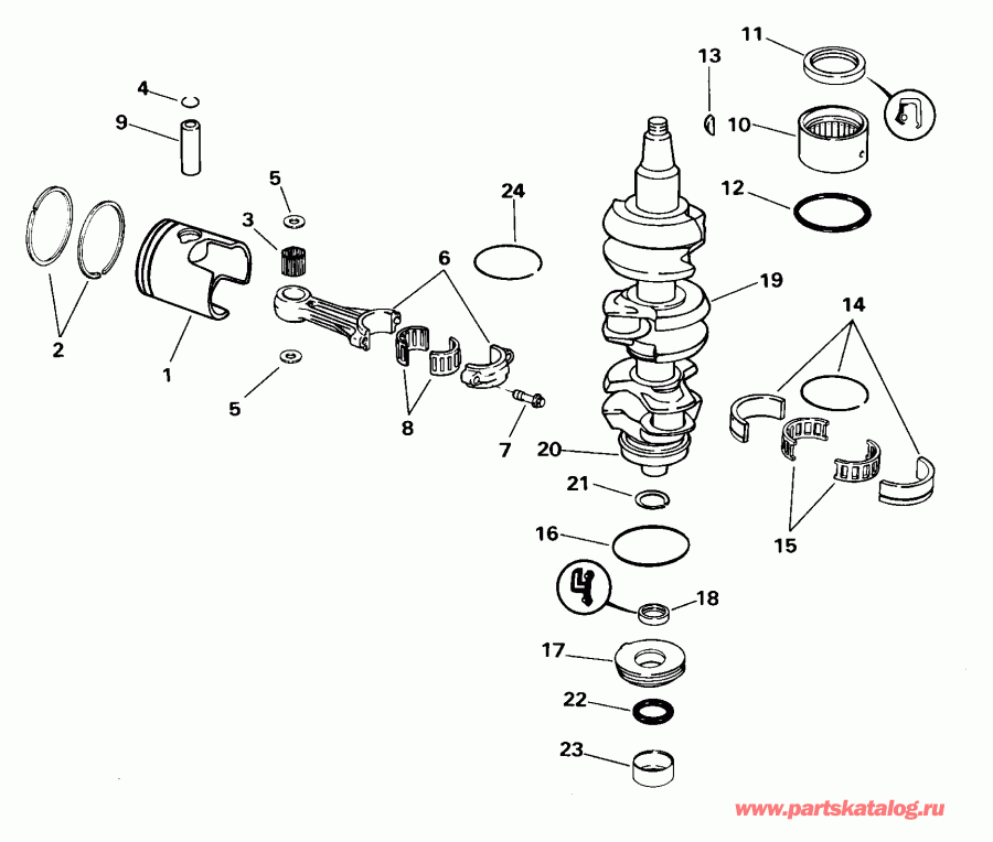 ��������� �������� ����� EVINRUDE BE35KSSB 3 Cyl, Rope Start, Tiller, 15 I  - ank��� � ������� / ankshaft And Piston