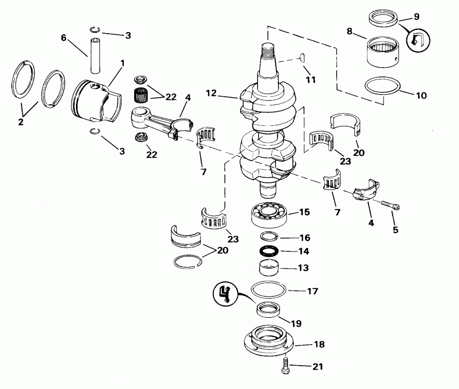 �������� ����� EVINRUDE E40WRLSSC Commercial, Rope Start, Tiller  - ankshaft And Piston - ank��� � �������