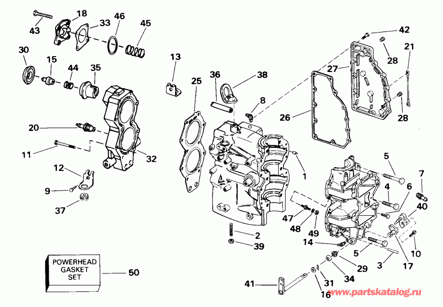 ��������� ����� EVINRUDE E55WRSSC Commercial, Rope Start, Tiller,  - linder And Crankcase / linder � ������ ���������