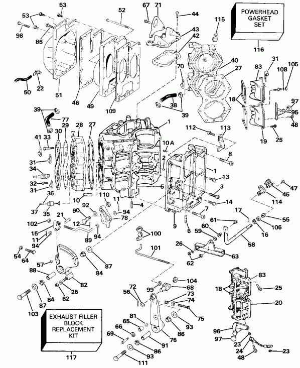 ��������� �������� ����� EVINRUDE E100STLESB 1990  - linder & Crankcase / linder & ������ ���������