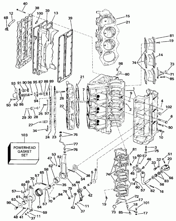 �������� ����� Evinrude E150STLESB 1990  - linder & Crankcase / linder & ������ ���������