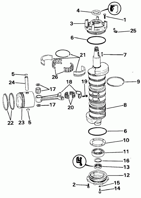 ����� Evinrude E155WTLESM 1990  - ankshaft & Piston / ank��� & �������