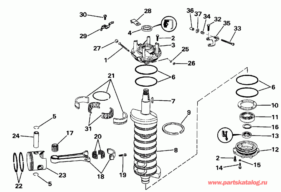 �������� ����� EVINRUDE E225TXESS 1990  - ankshaft & Piston - ank��� & �������