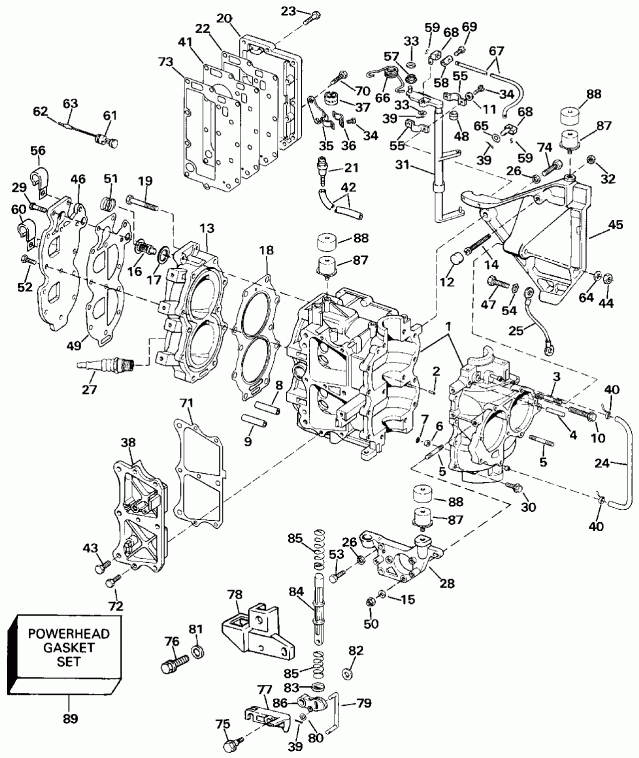 ��������� �������� ����� Evinrude E25RESB 1990  - linder & Crankcase / linder & ������ ���������