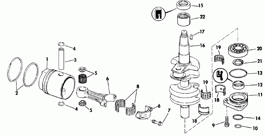 �������� ����� Evinrude E25RLESB 1990  - ank��� & ������� - ankshaft & Piston