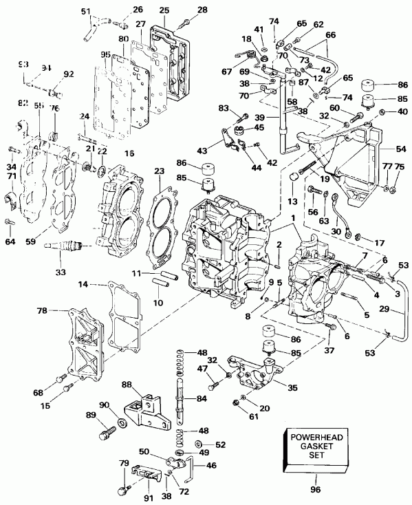  EVINRUDE E25RWESA 1990  - linder & Crankcase - linder & ������ ���������