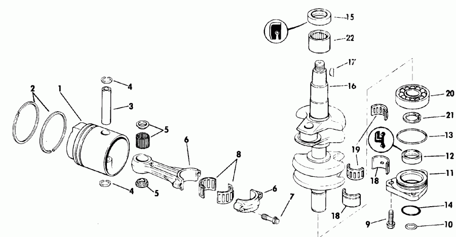 ��������� ����� EVINRUDE E25RWLESA 1990  - ankshaft & Piston - ank��� & �������