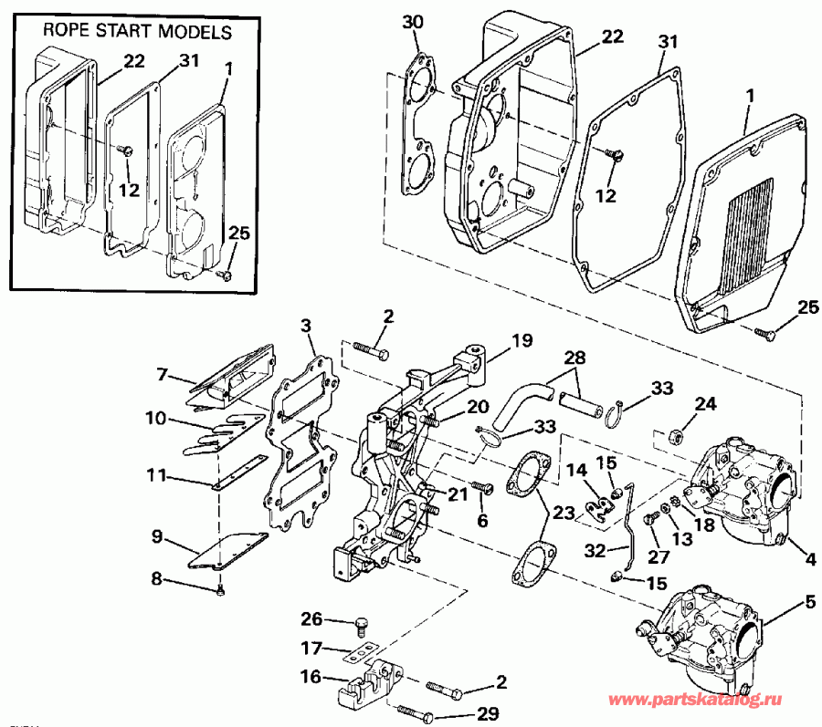 ��������� �������� ����� Evinrude E45WMLESR 1990  - take ��������� & Air ��������� / take Manifold & Air Silencer