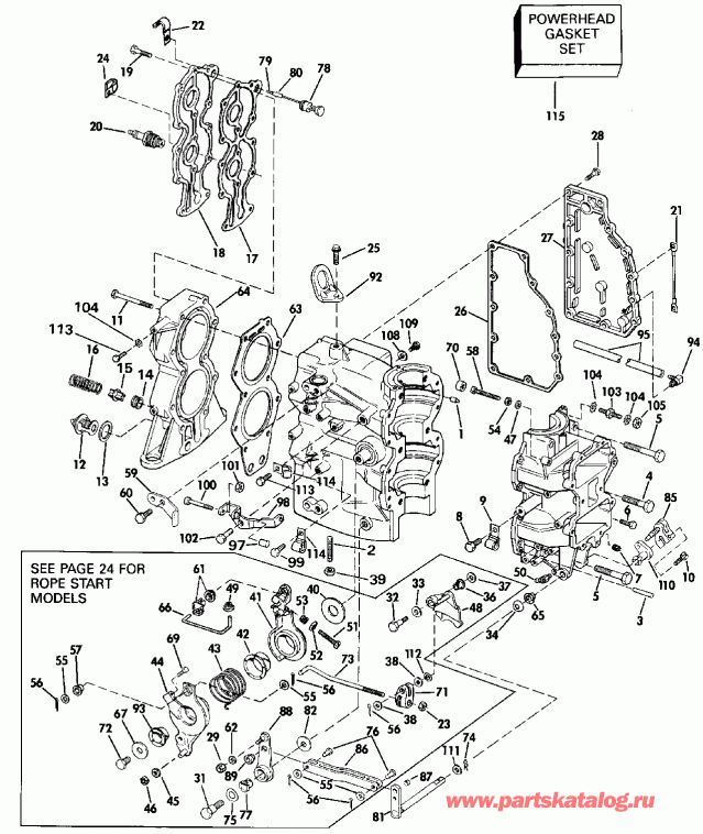 ��������� �������� ����� EVINRUDE E55RWLESR 1990  - linder & Crankcase / linder & ������ ���������