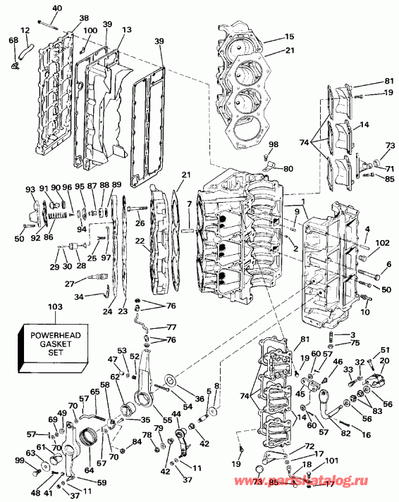 ����� EVINRUDE TE150SLESB 1990  - linder & ������ ��������� - linder & Crankcase