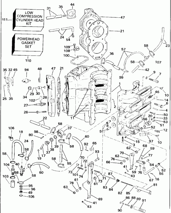 �������� ��������� ����� Evinrude E140TLEID 1991  - linder & Crankcase / linder & ������ ���������